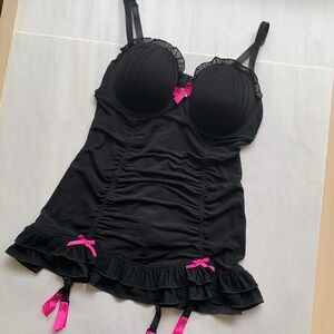 La Senza Sexy Mesh Push Up Teddy Ruffle Lingerie Merrywidow Black Size Medium